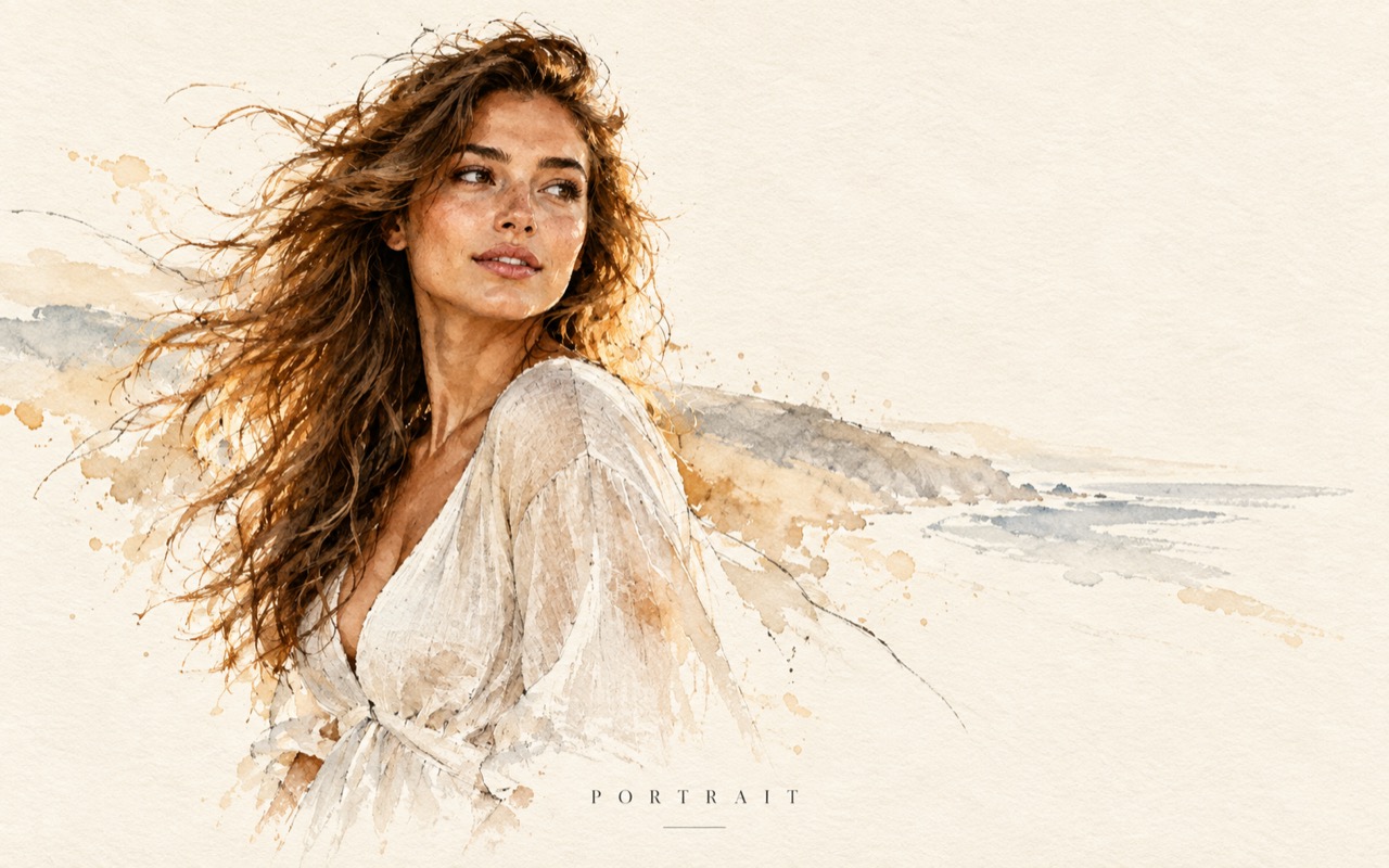 Aquarell-Poster: dieselbe Frau als zarte Aquarell- und Bleistiftzeichnung auf Papier, Titel PORTRAIT