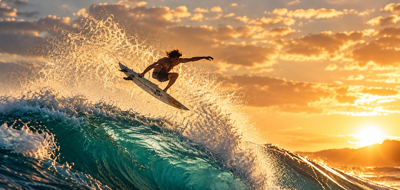 Ausgangsbild: Surfer springt bei Sonnenuntergang über eine große türkise Welle