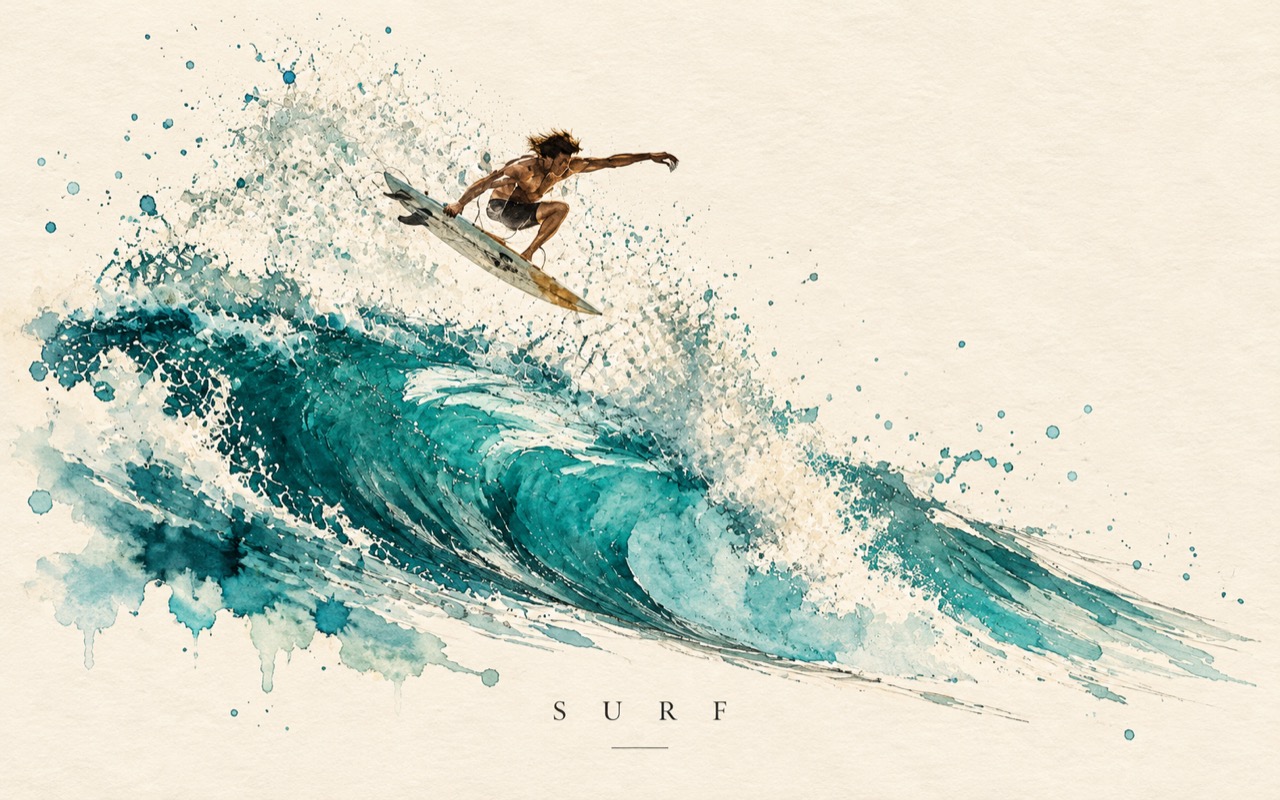 Aquarell-Poster: Surfer auf einer türkisen Welle aus Aquarellfarbe auf cremefarbenem Papier, darunter klein der Titel SURF