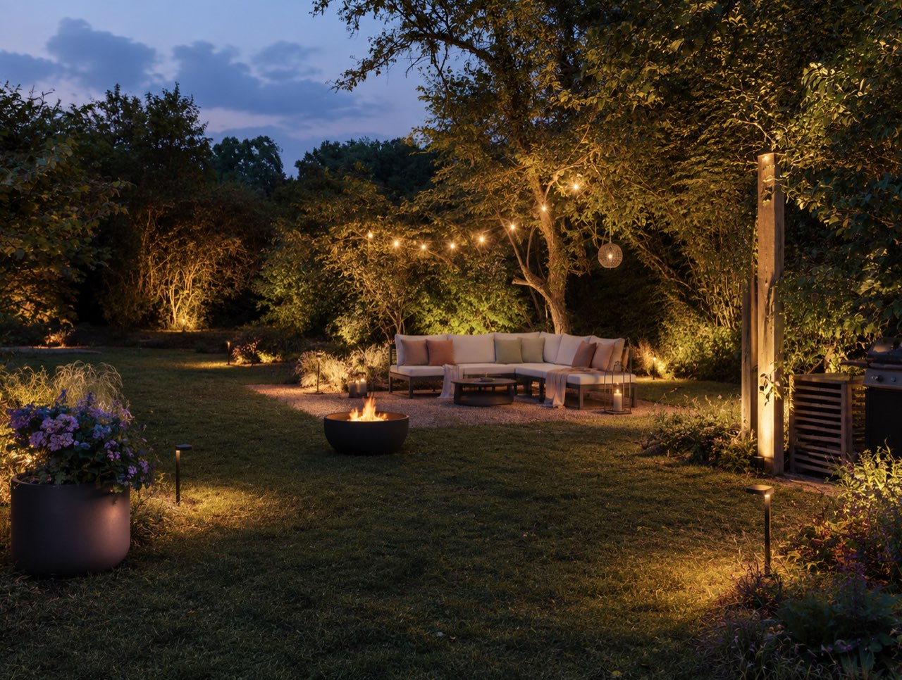 Der Entwurf von ChatGPT: derselbe Garten am Abend mit Lounge-Ecke, Lichterketten, Feuerschale und beleuchteten Beeten