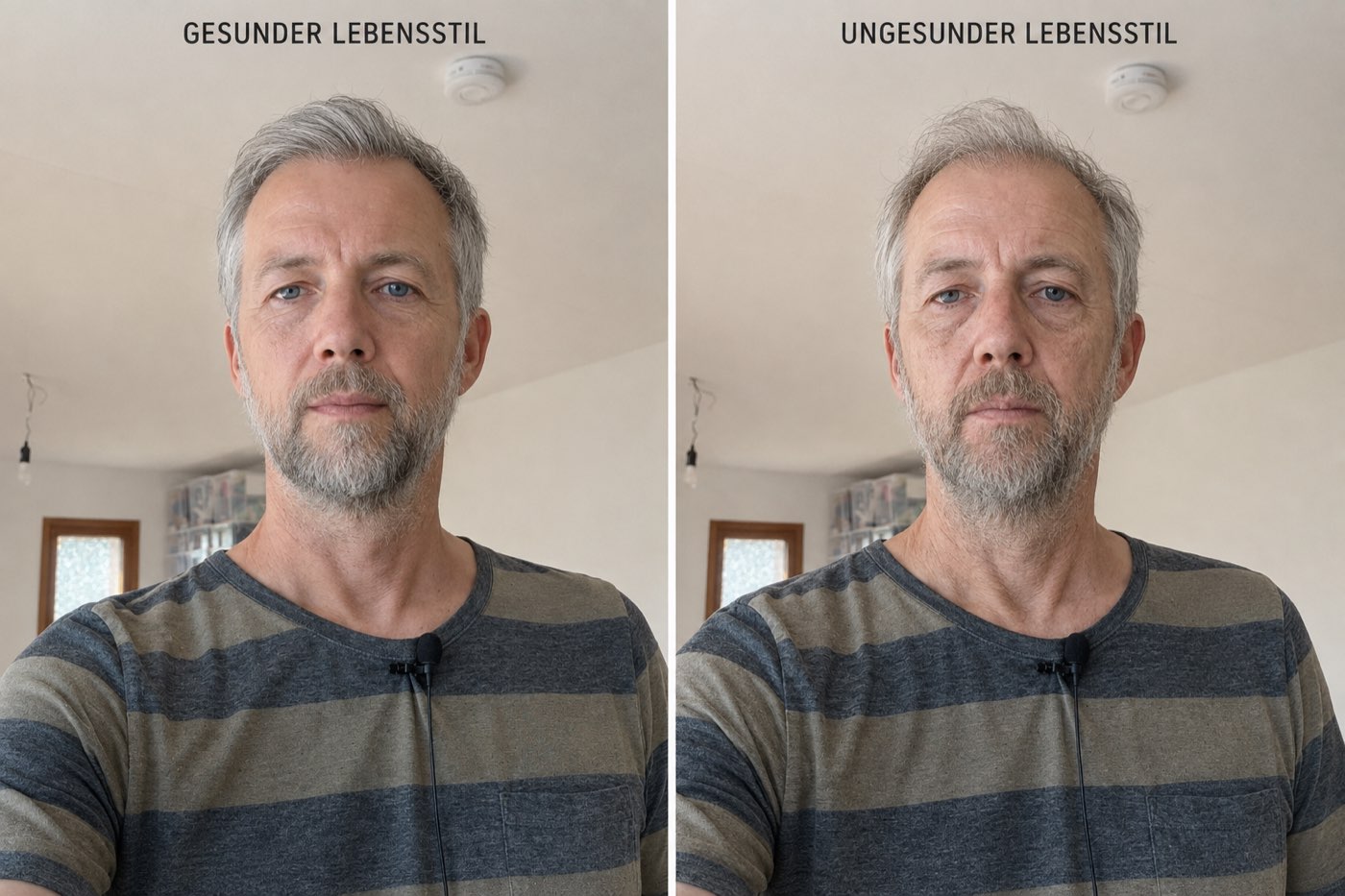 KI-generiertes Vergleichsbild: links „Gesunder Lebensstil“, rechts „Ungesunder Lebensstil“ — dieselbe Person, deutlich unterschiedlich gealtert