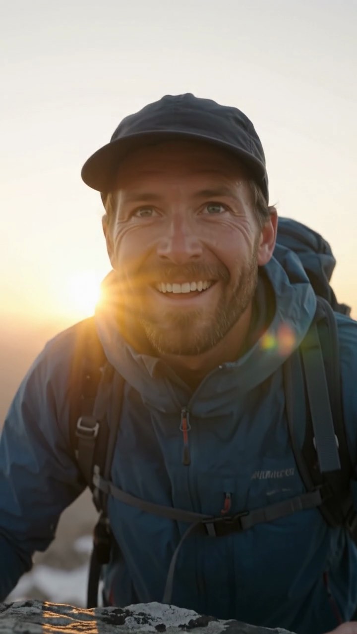Ergebnis von /Cinematic: der Bergsteiger im Gegenlicht der Morgensonne, weich gezeichneter Hintergrund