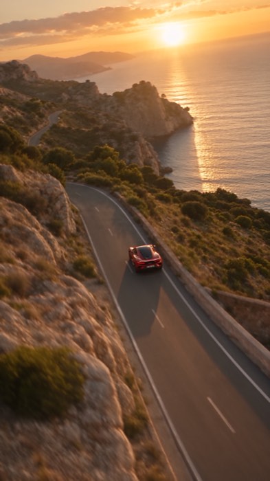 Standbild aus dem /dronefly-Clip: die Küstenstraße mit dem Sportwagen von oben, Sonne über dem Meer