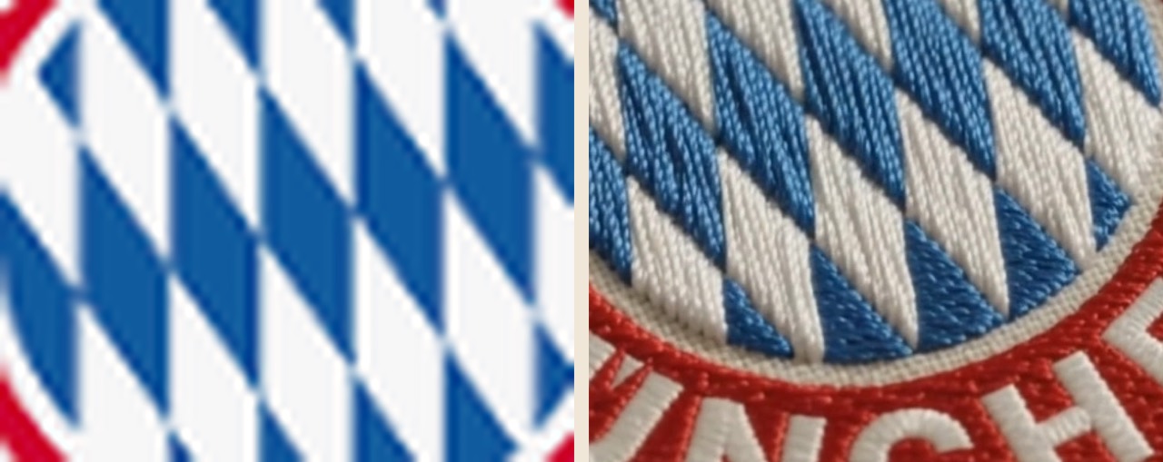 Vergleich desselben Logo-Ausschnitts: links die flache Grafik, rechts dieselbe Stelle als Stickerei