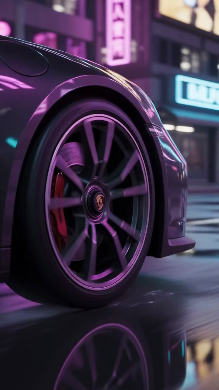 Ergebnis von /Neonlight: der Sportwagen in einer Stadt mit pink-violetten Neonreflexen