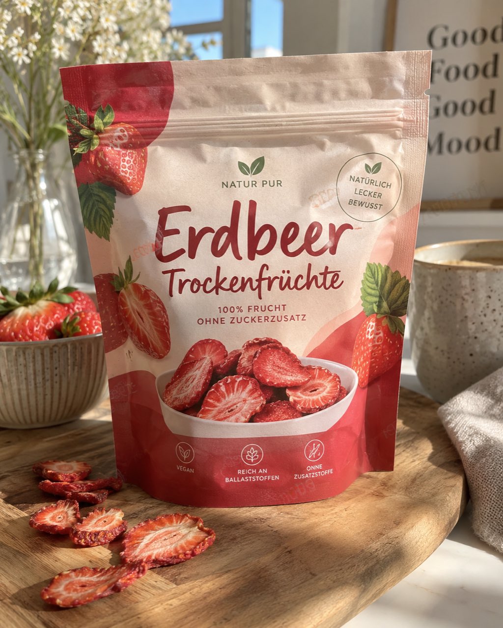 Ausgangsbild für die Produkt-Beispiele: eine Tüte Erdbeer-Trockenfrüchte auf einem Holzbrett