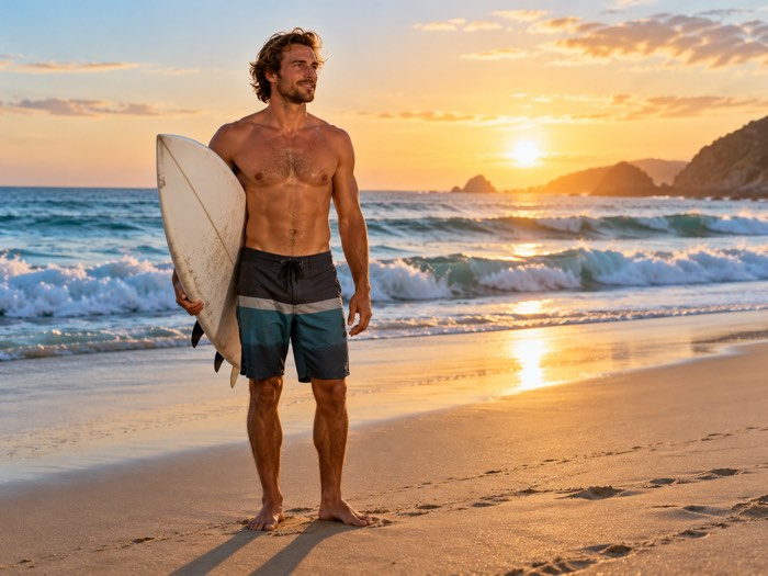 Ausgangsbild: ein Surfer mit Brett am Strand im Abendlicht
