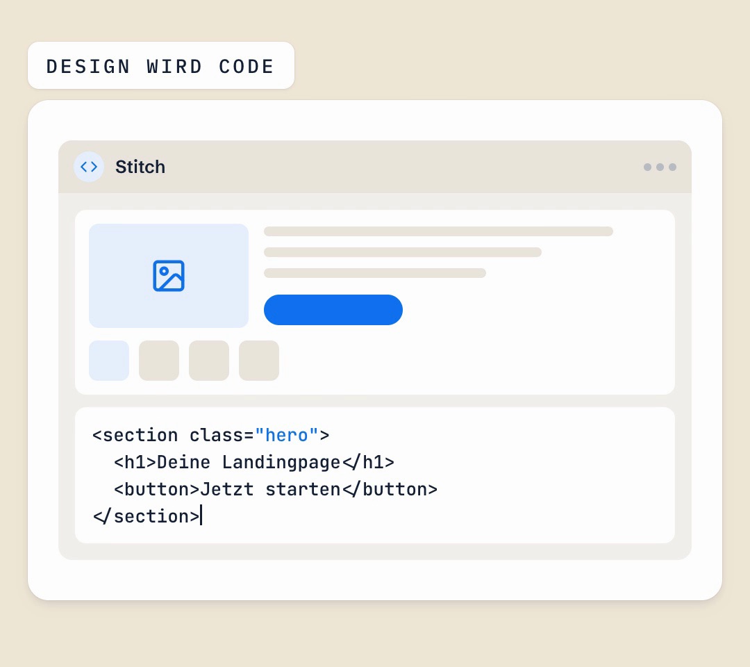 Grafik aus dem Video: eine Design-Ansicht mit Bildplatzhalter, Textzeilen und Schaltfläche, darunter der zugehörige HTML-Code