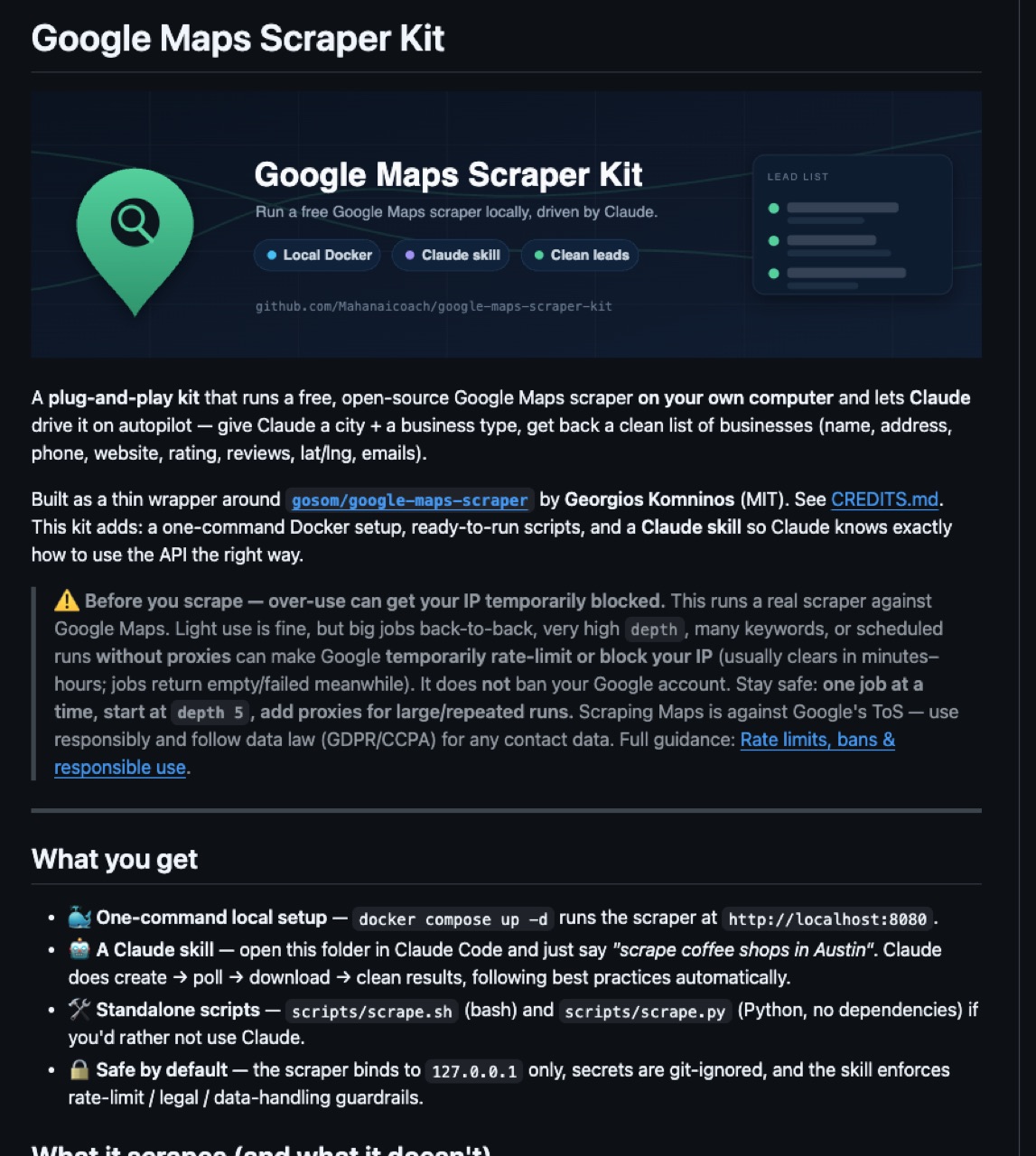 Startseite des Projekts mit Titel Google Maps Scraper Kit und Beschreibung