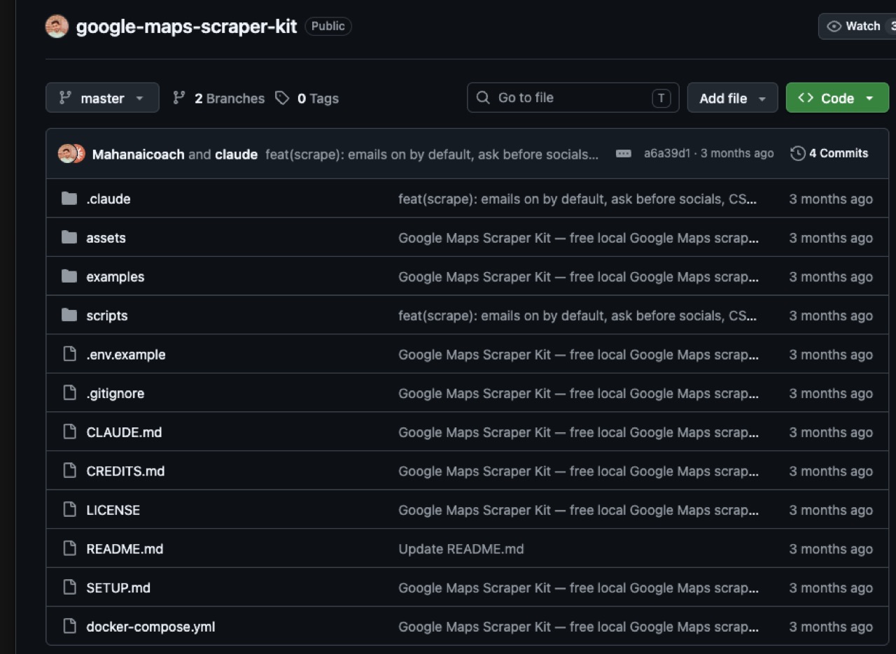 GitHub-Seite des Projekts google-maps-scraper-kit mit dem grünen Code-Knopf und der Dateiliste