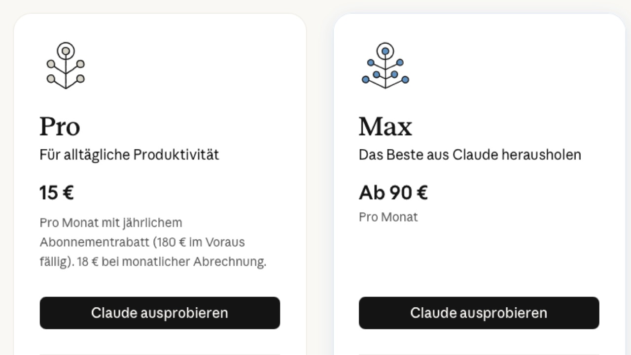 Claude-Preisseite: Pro für 15 € pro Monat, Max ab 90 € pro Monat