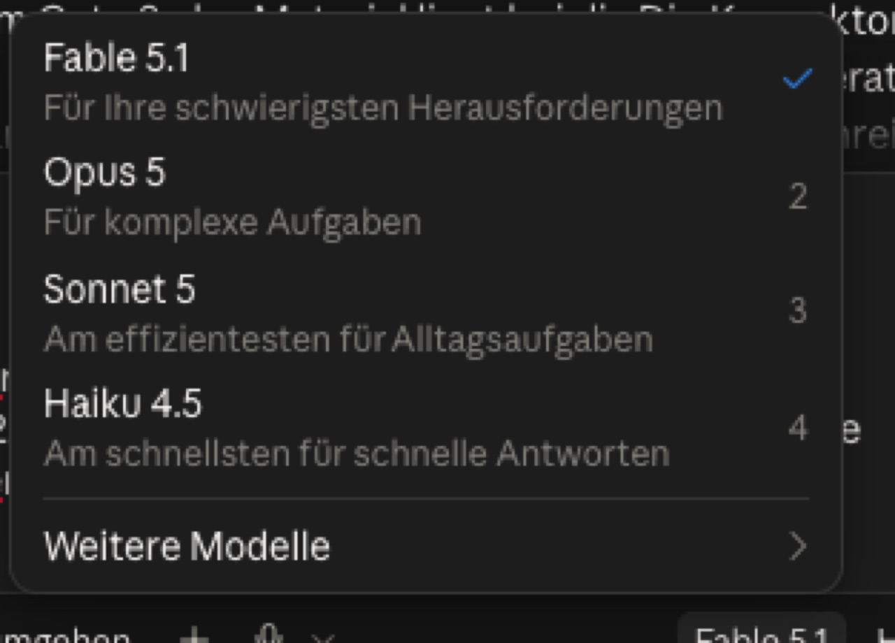 Modellauswahl in Claude: Fable 5.1 (ausgewählt), Opus 5, Sonnet 5, Haiku 4.5, Weitere Modelle