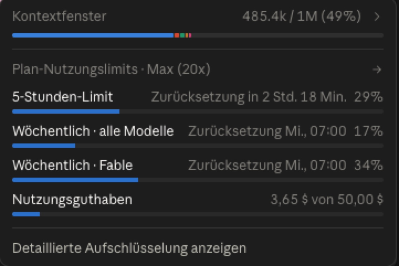 Claude-Nutzungsanzeige: Kontextfenster 485,4k von 1M (49 %), darunter 5-Stunden-Limit, Wochenlimits und Nutzungsguthaben