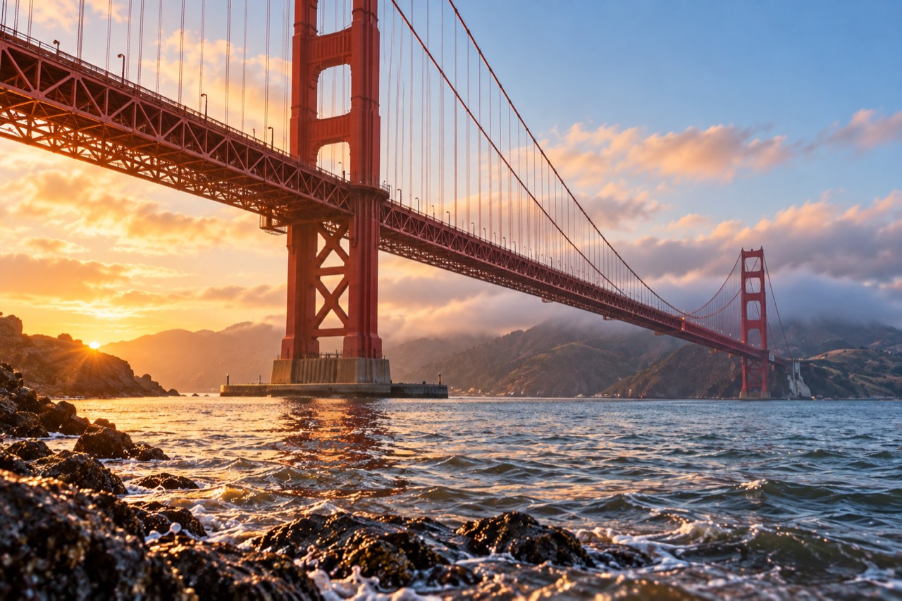 Golden Gate Bridge im Abendlicht vom Ufer aus fotografiert