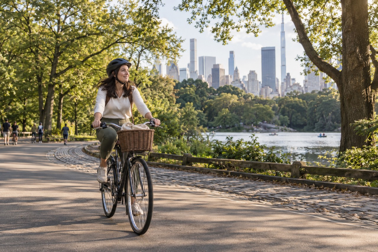 Frau auf einem Fahrrad in einem Park, im Hintergrund eine Skyline