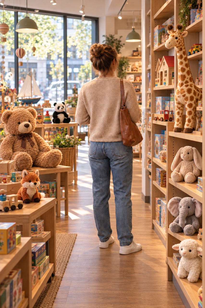 Frau von hinten in einem Spielzeugladen zwischen Regalen mit Kuscheltieren