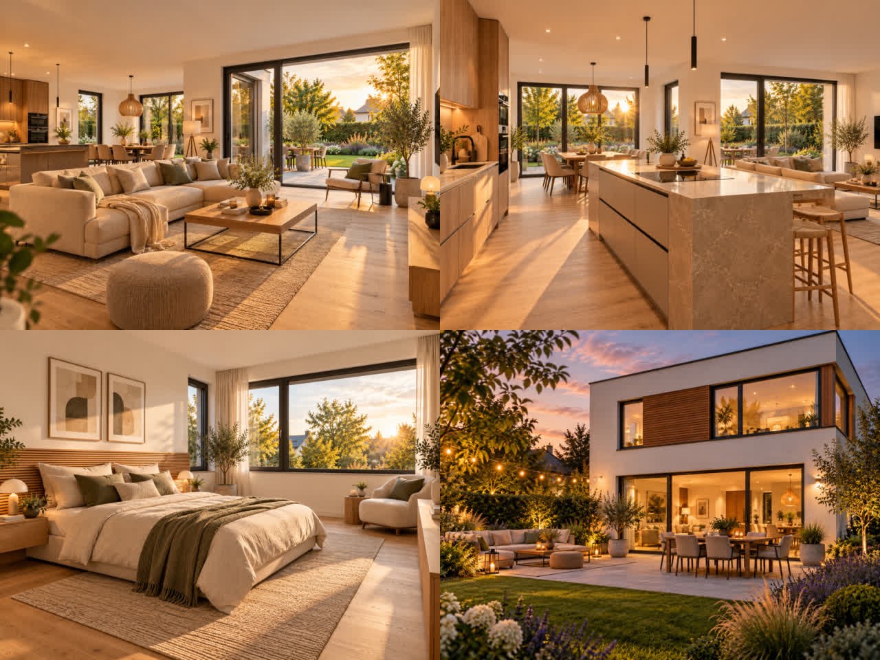 Vier Bilder eines modernen Hauses: Wohnzimmer, Küche, Schlafzimmer und Garten mit Hausansicht im Abendlicht