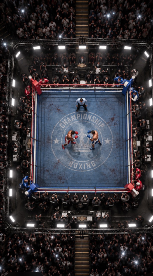 Boxring von oben, zwei Boxer in der Mitte, ringsum ein volles Stadion mit Blitzlichtern