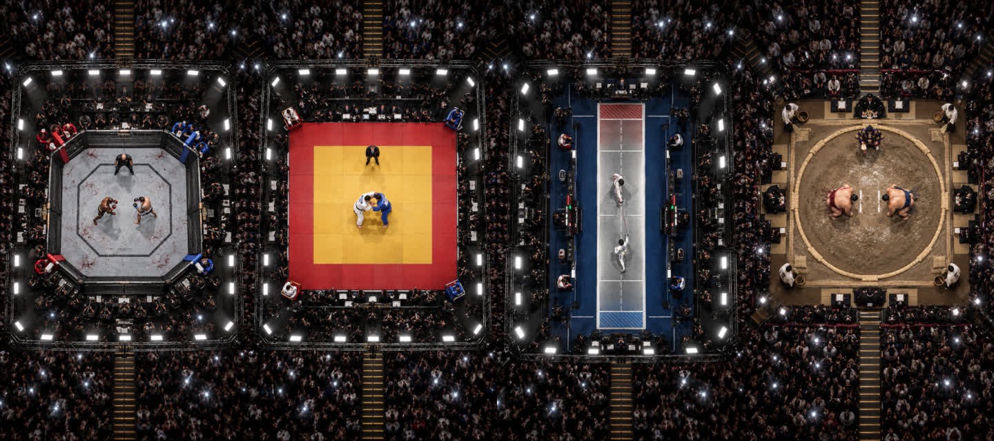 Vier Bilder von oben: MMA-Käfig, Judo-Matte, Fechtbahn und Sumo-Ring, jeweils mit Publikum ringsum