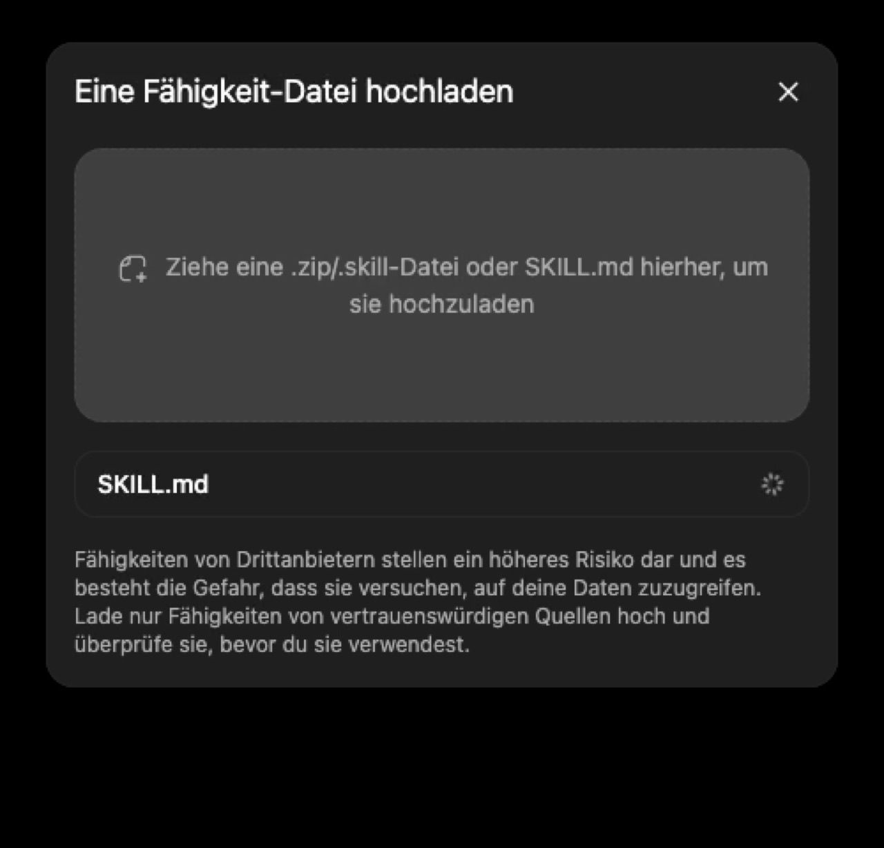 Das Upload-Fenster „Eine Fähigkeit-Datei hochladen“ von ChatGPT mit der Datei SKILL.md