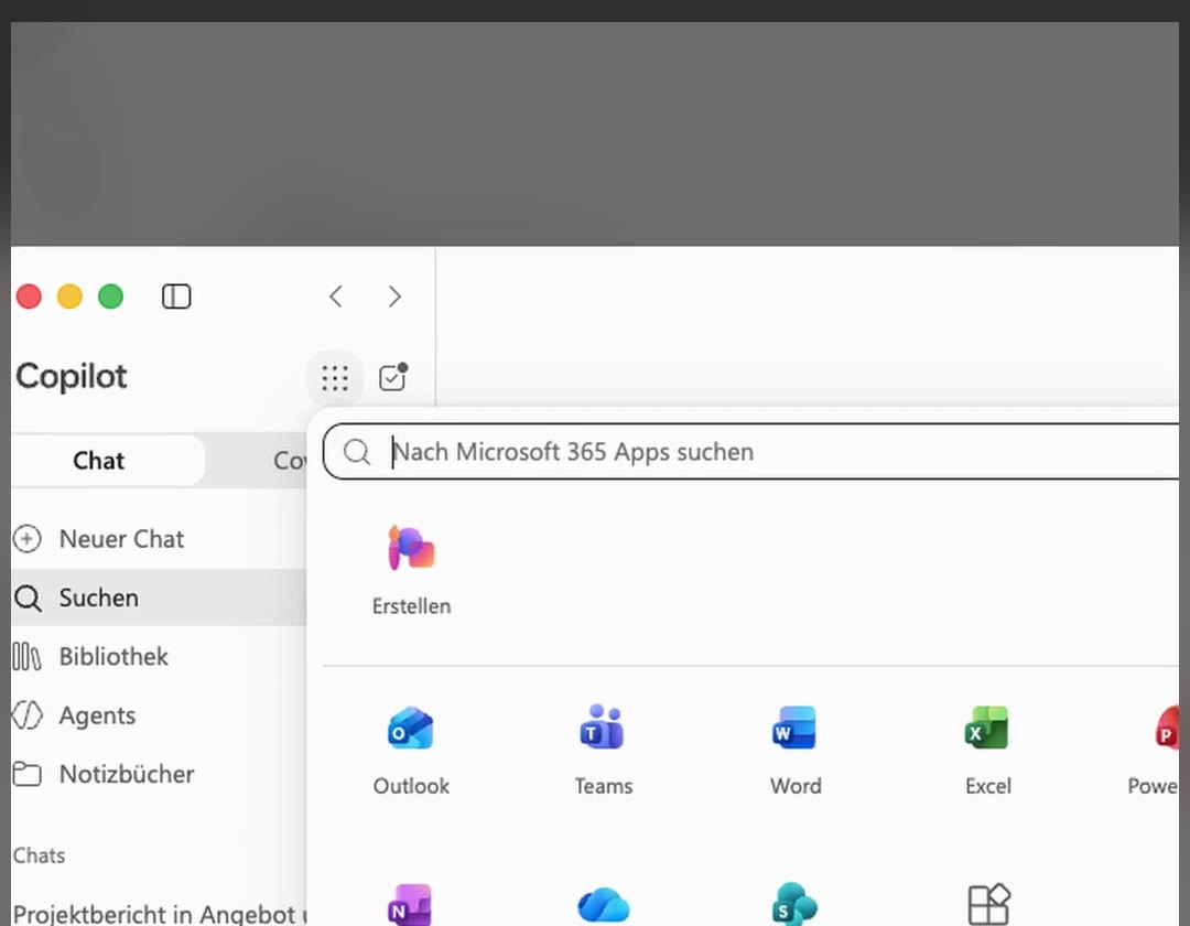 Copilot-App mit dem Menü für Microsoft-365-Apps