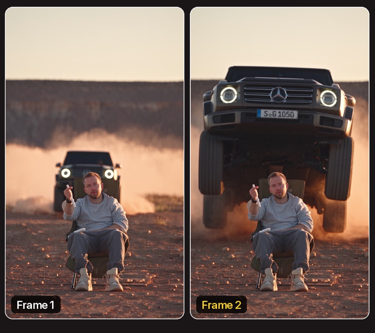 Zwei Standbilder nebeneinander: links Frame 1, ein Mann sitzt im Campingstuhl in der Wüste, hinten ein Geländewagen in einer Staubwolke; rechts Frame 2, der Geländewagen schwebt direkt über dem Mann