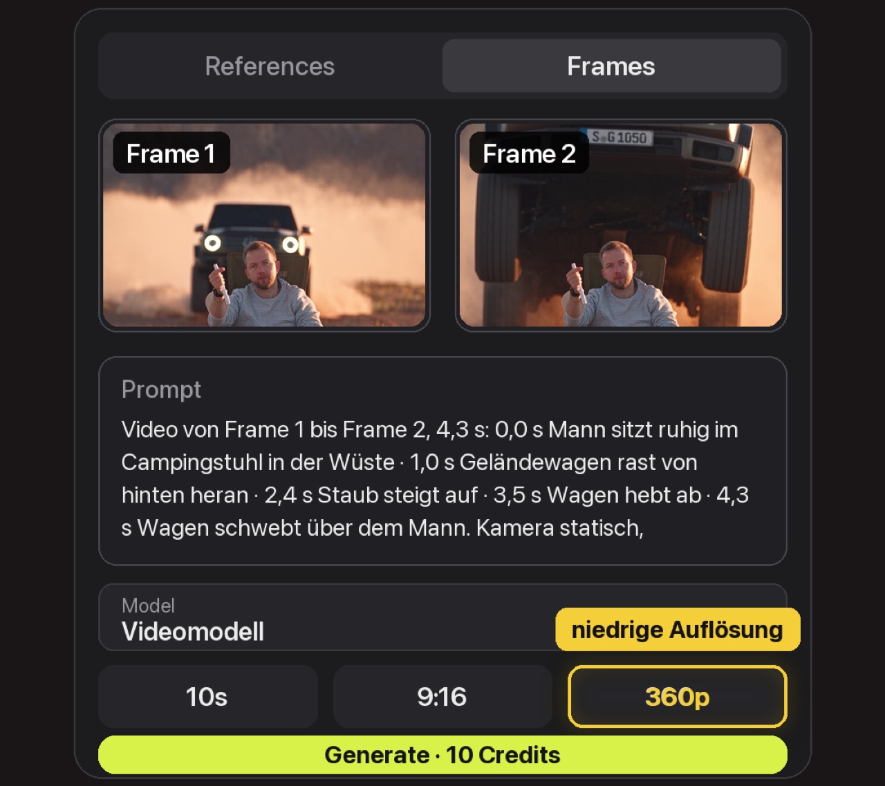 Nachgebaute Ansicht eines Videomodells: Frame 1 und Frame 2 als Start- und Endframe, darunter der Prompt mit Zeitangaben, unten die Auflösung 360p gold markiert