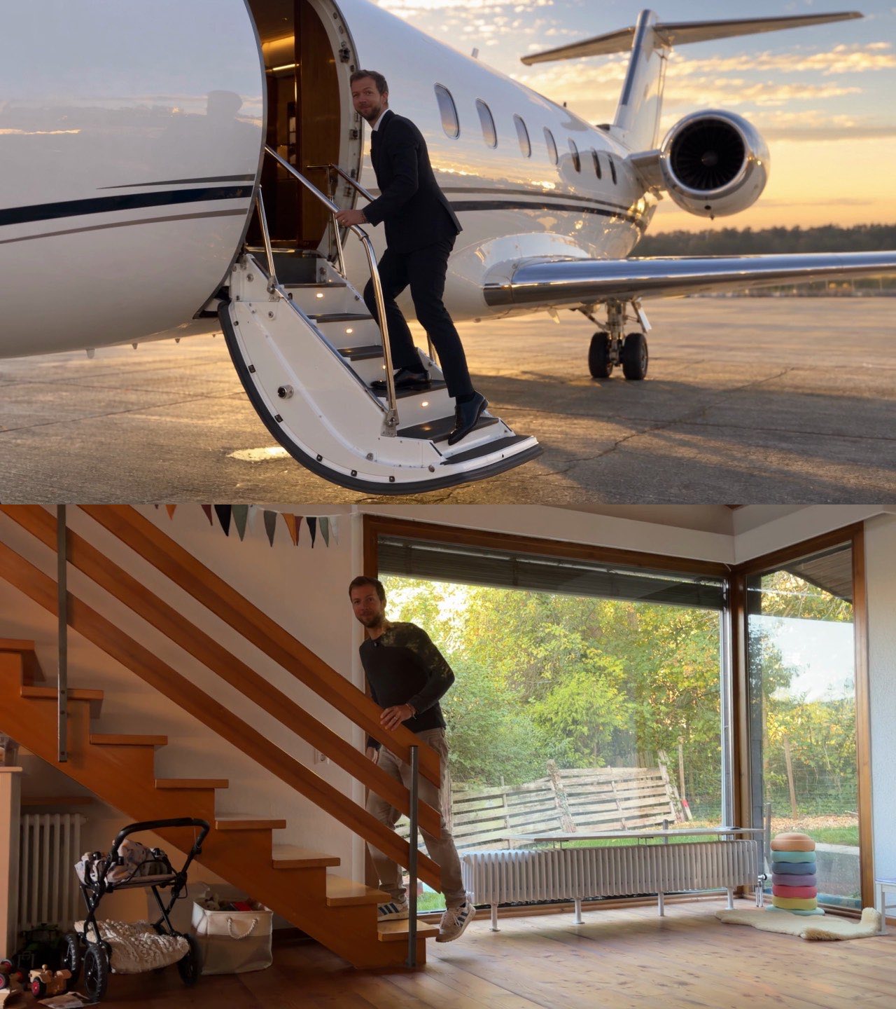 Oben: Mann im Anzug steigt die Treppe eines Privatjets hoch. Unten: derselbe Mann auf einer Holztreppe im Wohnzimmer