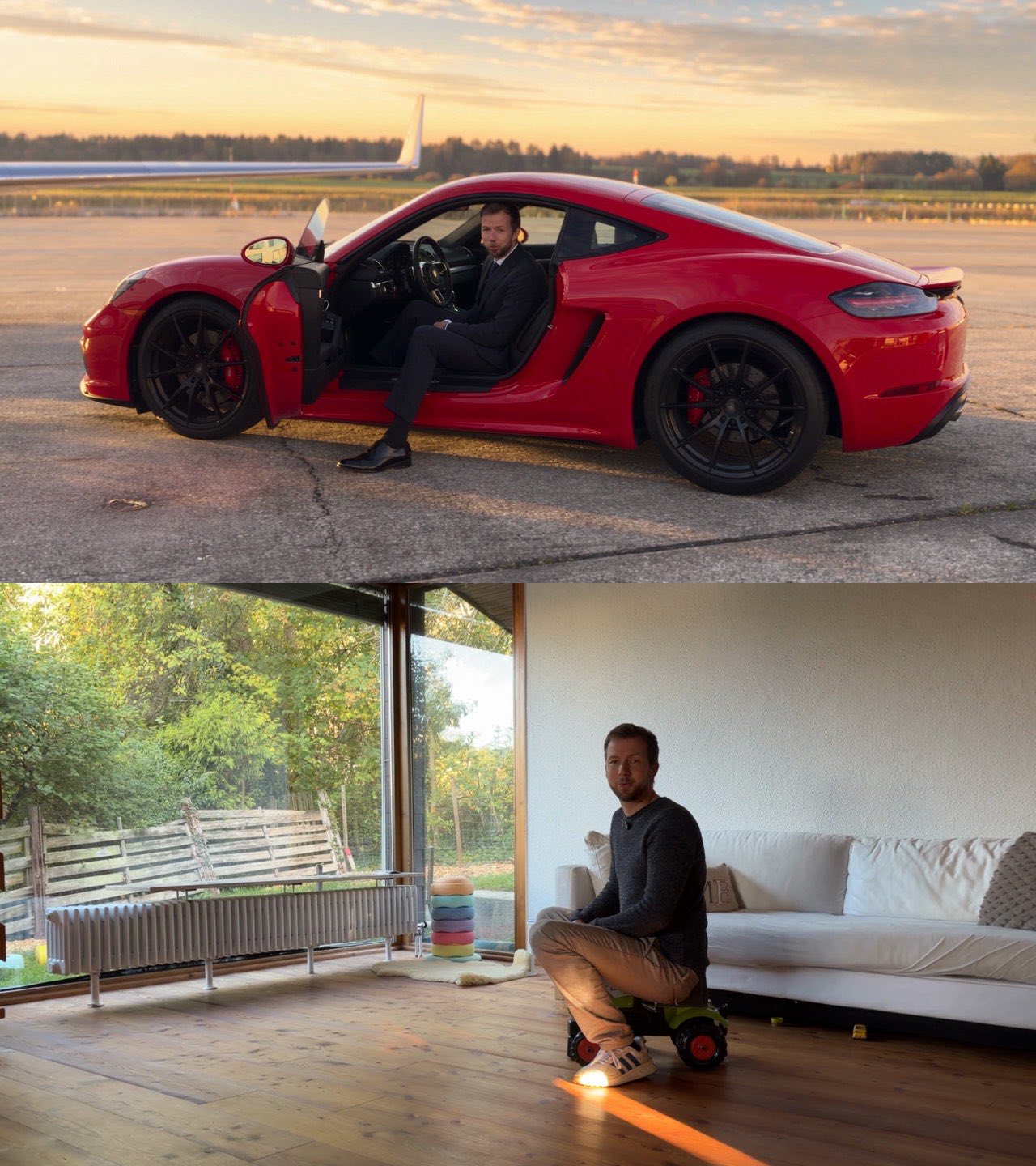 Oben: Mann im Anzug sitzt in der offenen Tür eines roten Porsche auf einem Flugfeld. Unten: derselbe Mann auf einem Kinder-Rutschauto im Wohnzimmer