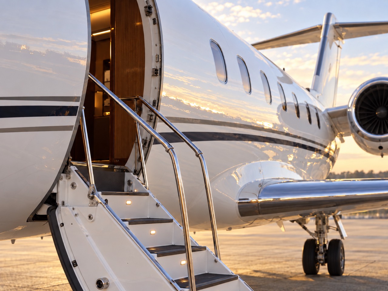 Weißer Privatjet mit offener Kabinentür und ausgeklappter Treppe