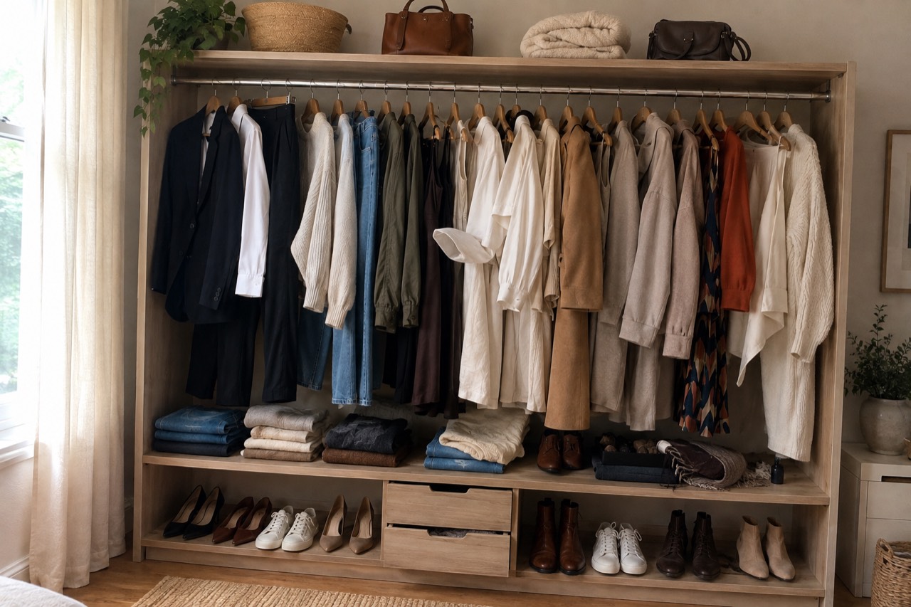 Ein offener Kleiderschrank mit Hemden, Hosen, Jeans und Schuhen