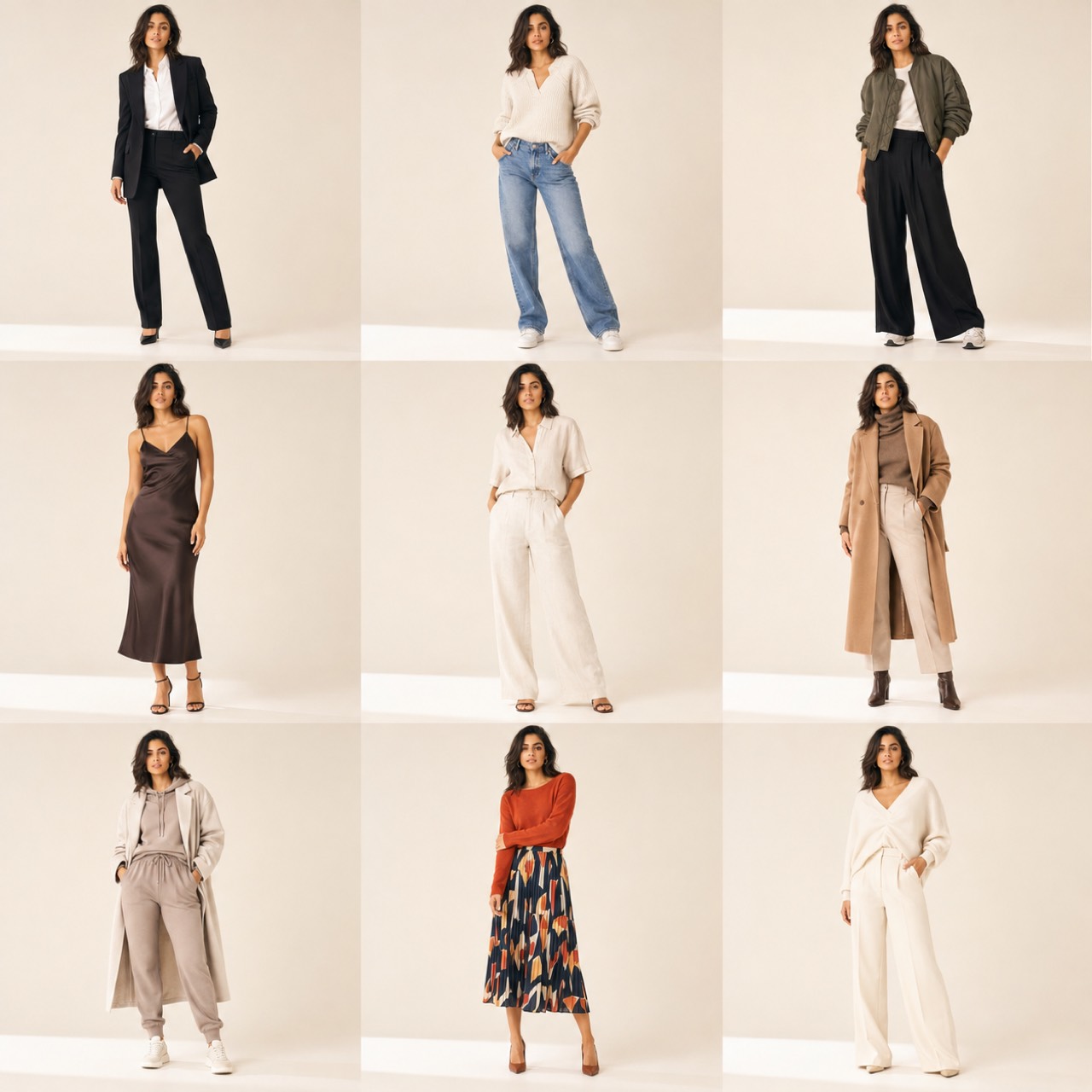 KI-generiertes Lookbook: neun verschiedene Outfits an derselben Frau, zusammengestellt aus dem Kleiderschrank-Foto