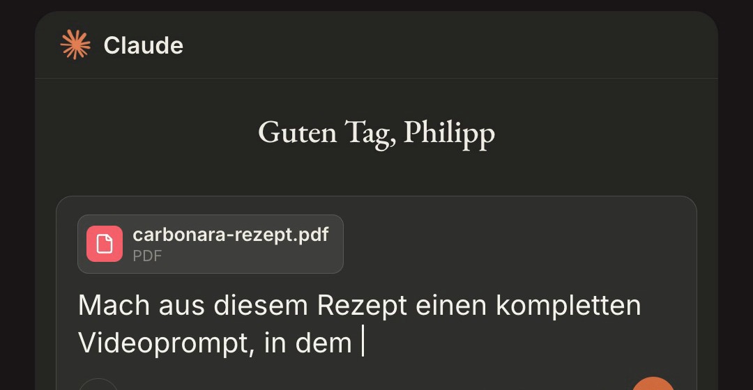 Claude-Chat mit angehängtem Rezept-PDF und dem Prompt im Eingabefeld