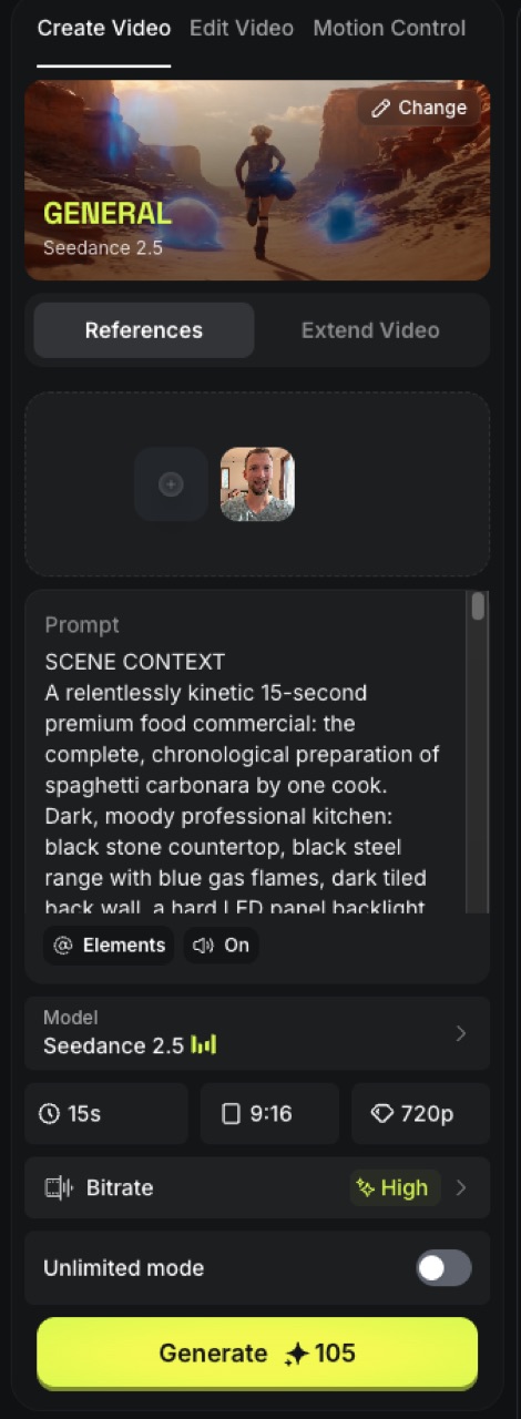 Seedance-2.5-Formular in Higgsfield mit Selfie als Referenz, eingefügtem Prompt, 15 Sekunden, 9:16 und dem Generate-Button