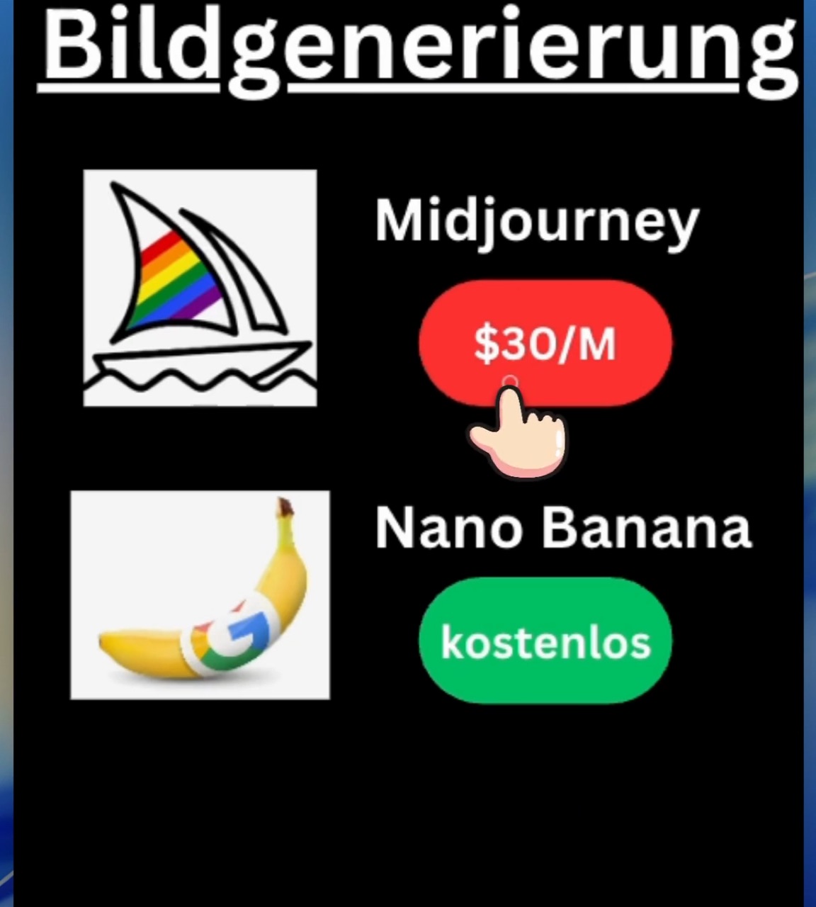 Gegenüberstellung für Bildgenerierung: Midjourney mit rotem Preisschild 30 Dollar pro Monat, darunter Nano Banana von Google mit grünem Feld kostenlos