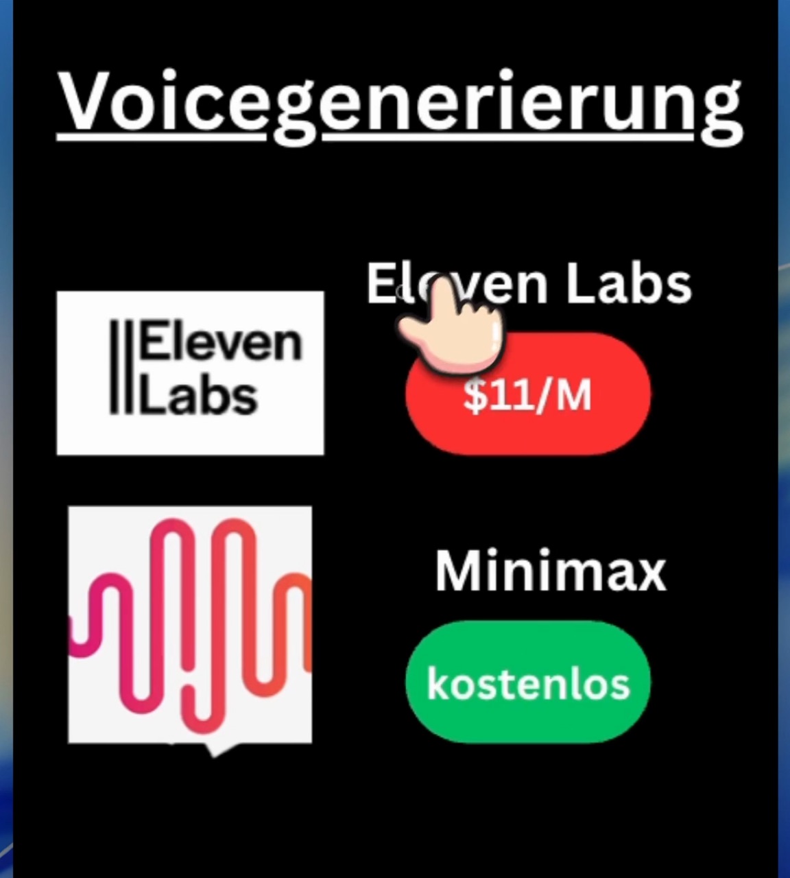 Gegenüberstellung für Voicegenerierung: ElevenLabs mit rotem Preisschild 11 Dollar pro Monat, darunter MiniMax mit grünem Feld kostenlos