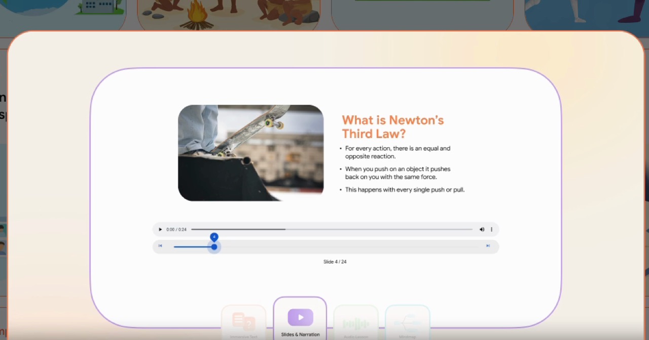 Interaktiver Lerntext zu Newtons drittem Gesetz mit passender Skateboard-Illustration