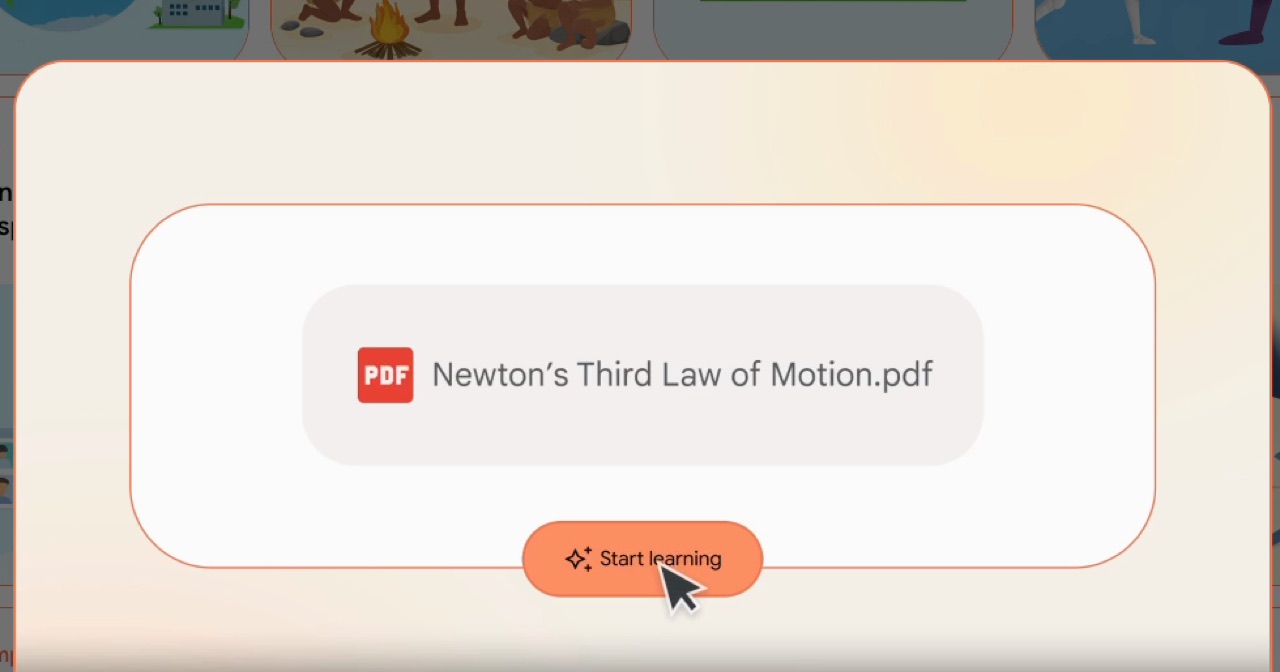 Learn Your Way mit hochgeladener PDF-Datei „Newton's Third Law of Motion.pdf“ und dem Button „Start learning“