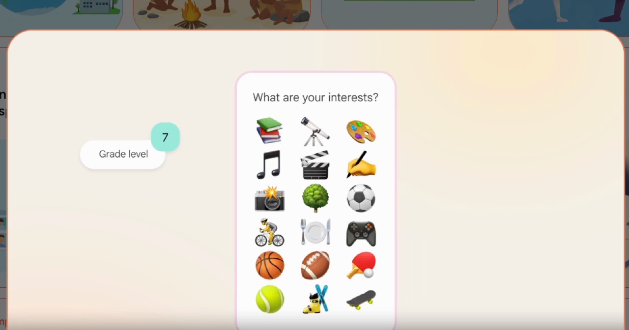 Auswahlbildschirm „What are your interests?“ mit Emoji-Kacheln für Sport, Musik, Gaming und mehr