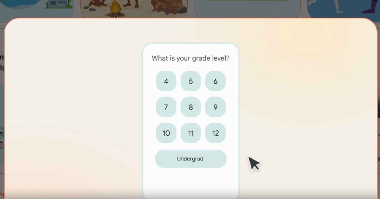 Auswahlbildschirm „What is your grade level?“ mit den Stufen 4 bis 12 und Undergrad