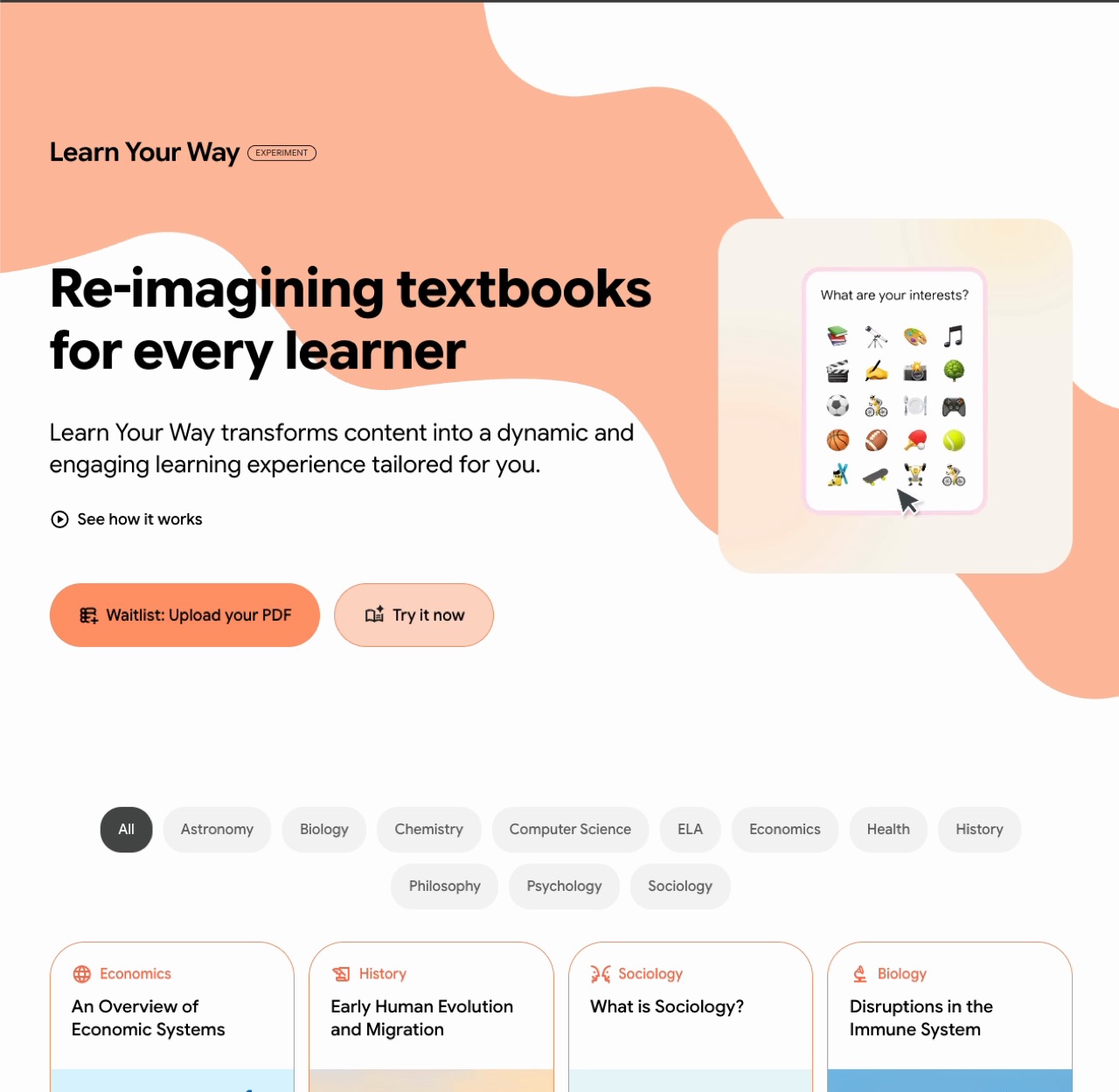 Die Startseite von Google Learn Your Way: „Re-imagining textbooks for every learner“ mit Themen-Bibliothek