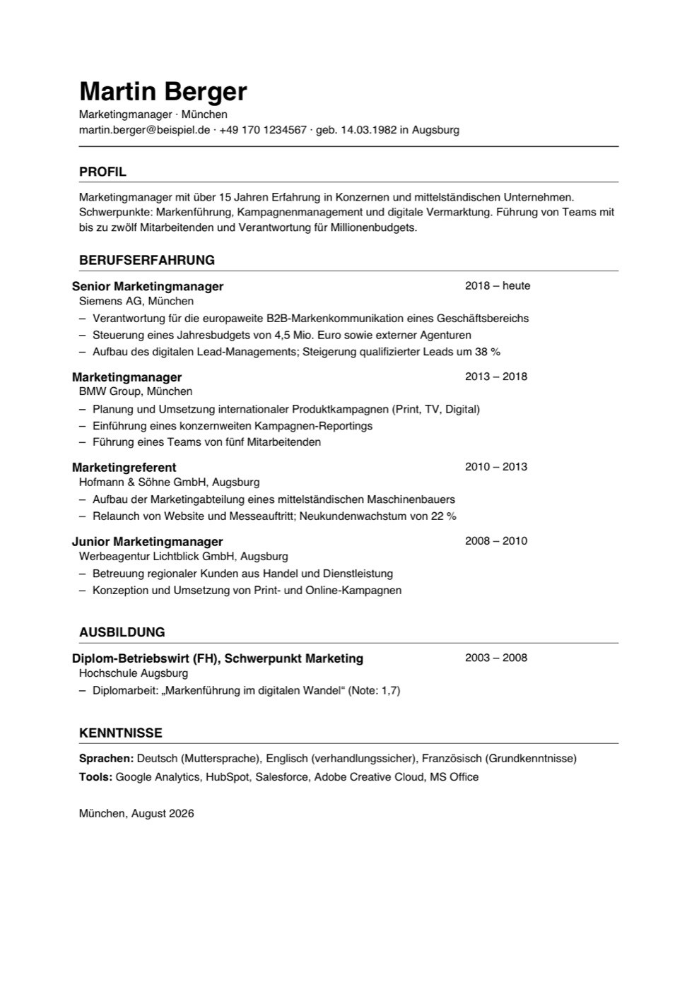 Der Lebenslauf vorher: klassisches, schlichtes Layout mit Profil, Berufserfahrung und Kenntnissen