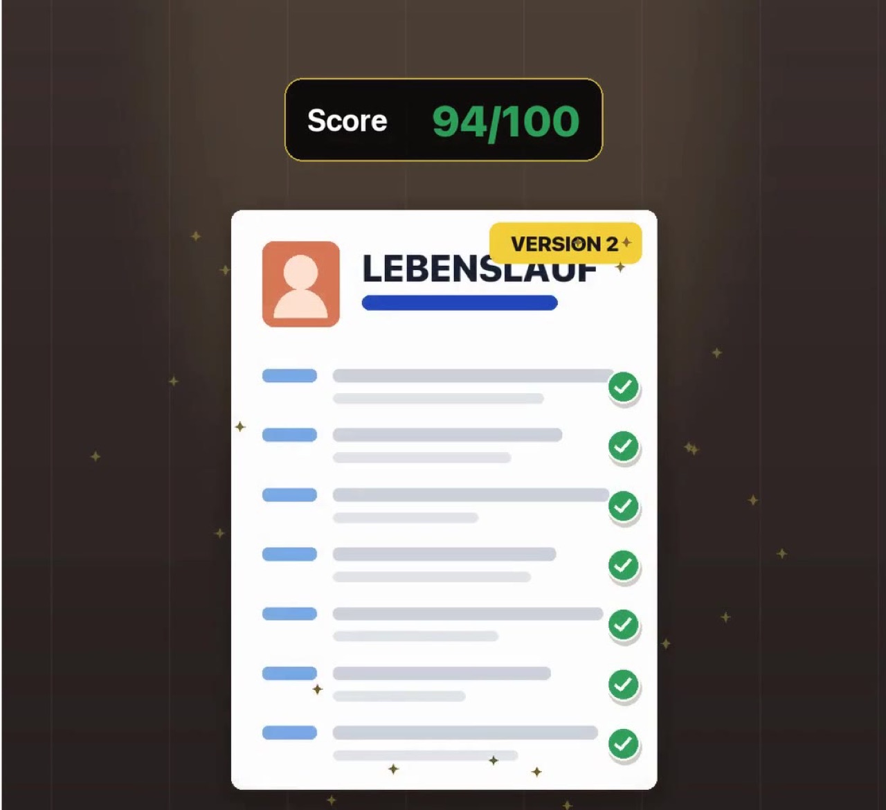 Grafik: Die verbesserte Version des Lebenslaufs mit Score 94 von 100 und grünen Haken an jeder Zeile