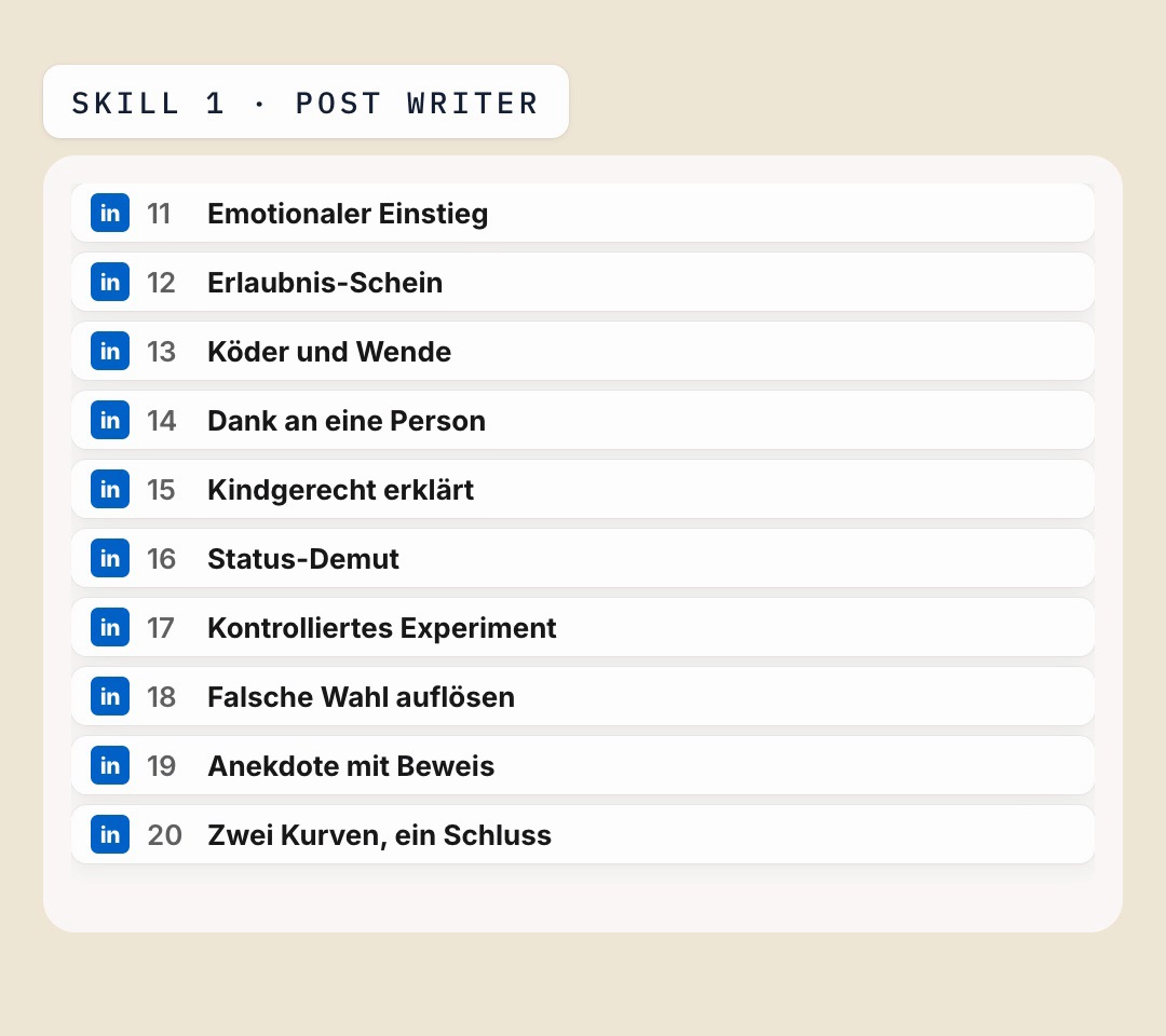 Liste der 20 Hook-Formeln des Post Writers, jede Zeile mit LinkedIn-Symbol