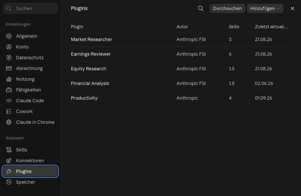 Claude-Einstellungen: links die Leiste mit Anpassen › Plugins, rechts die Tabelle der installierten Plugins mit Autor, Skills und Datum