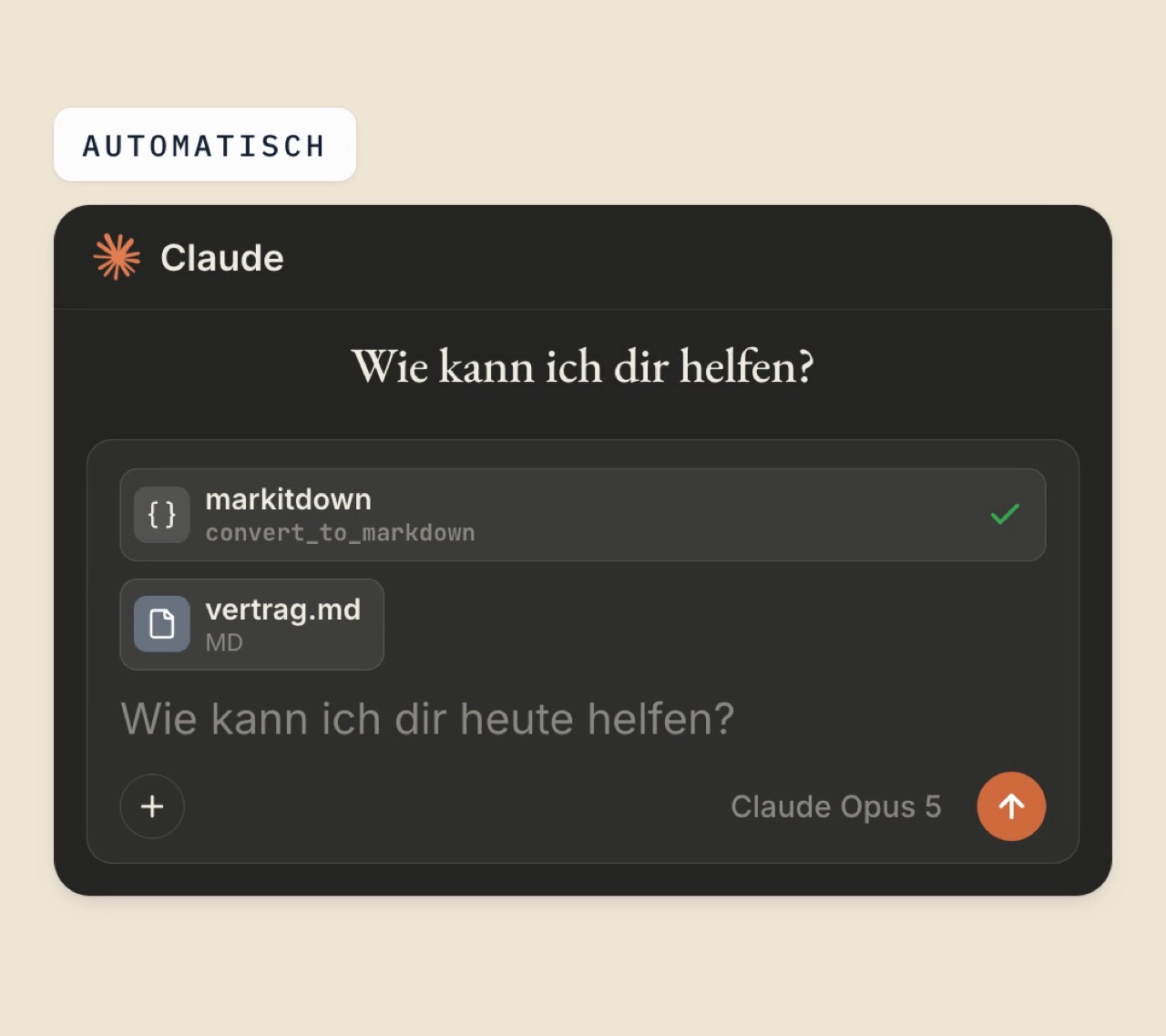Claude-Eingabefeld mit dem Werkzeug markitdown · convert_to_markdown und der fertigen Datei vertrag.md