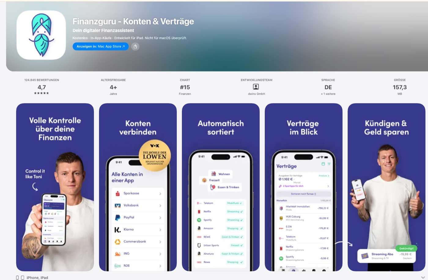 App-Store-Seite von Finanzguru mit Bewertungen und Chart-Platzierung