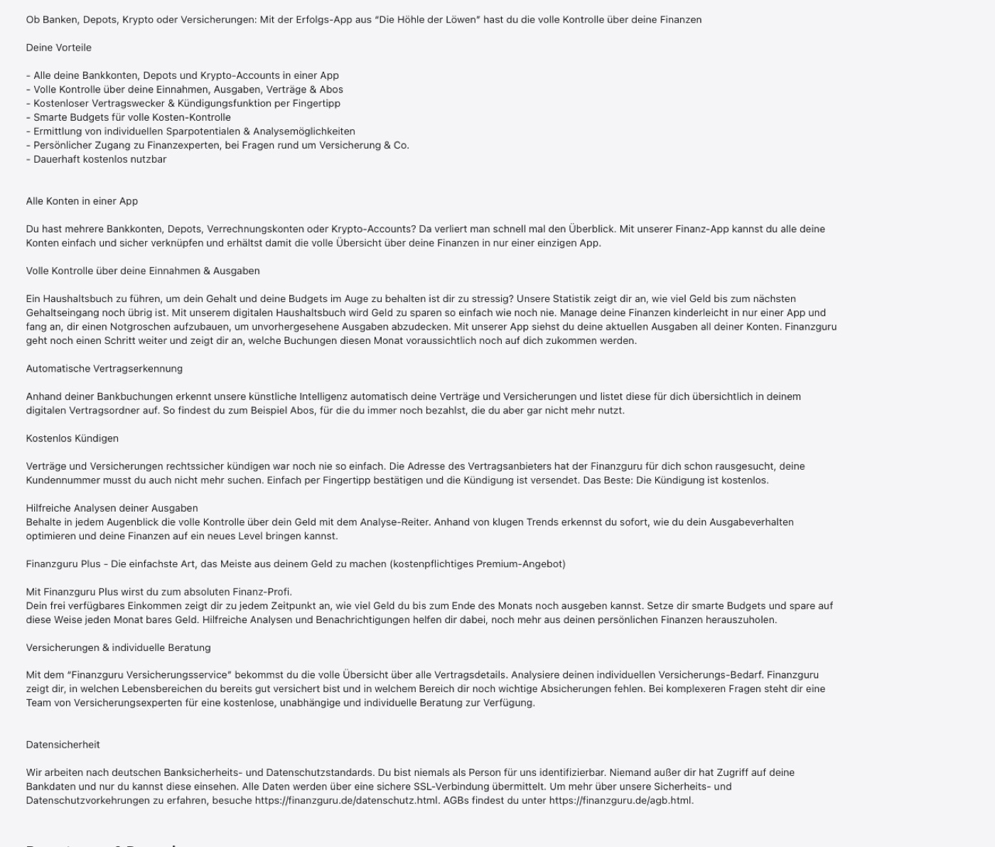 Die App-Store-Beschreibung von Finanzguru