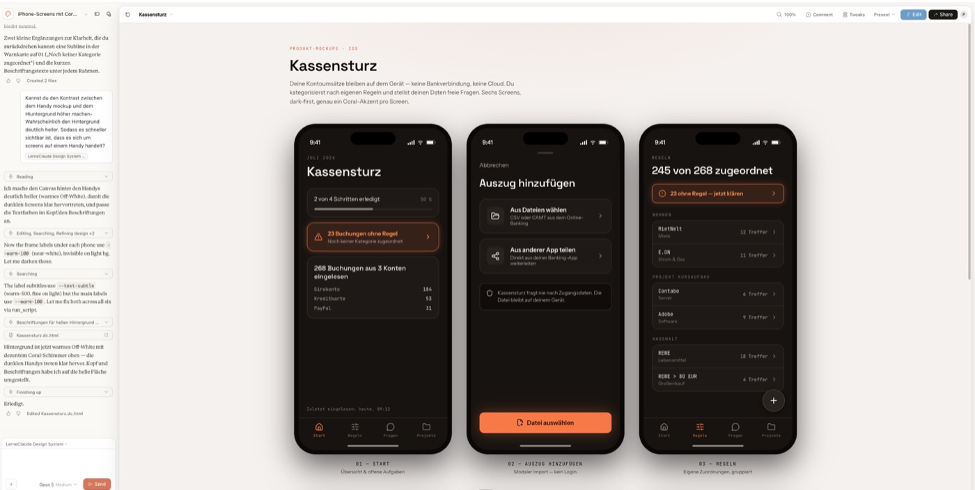 Claude Design mit Chat links und fertigen App-Screens rechts