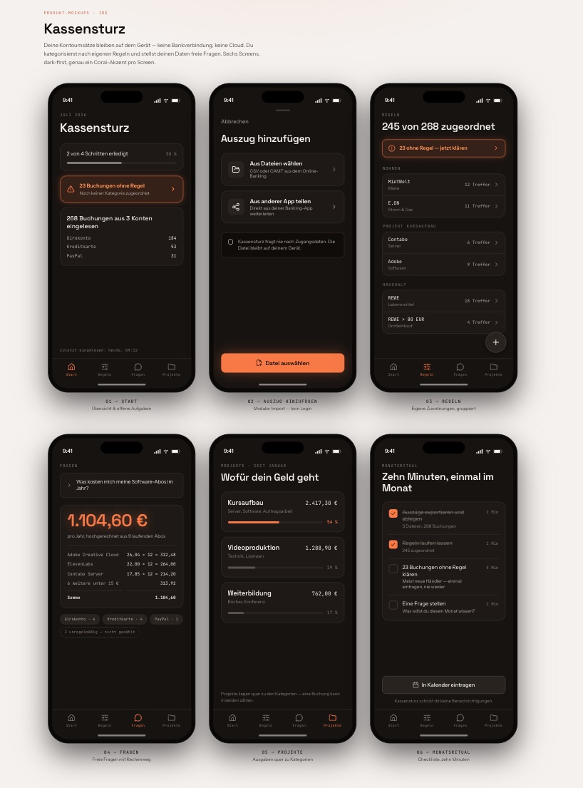 Sechs fertige App-Screens der Beispiel-App Kassensturz